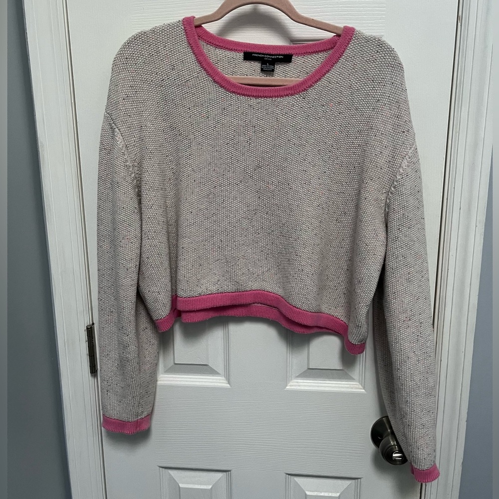 French Connection Sweater L Grey Pink Nep Crew Neck Cropped Women's Pullover